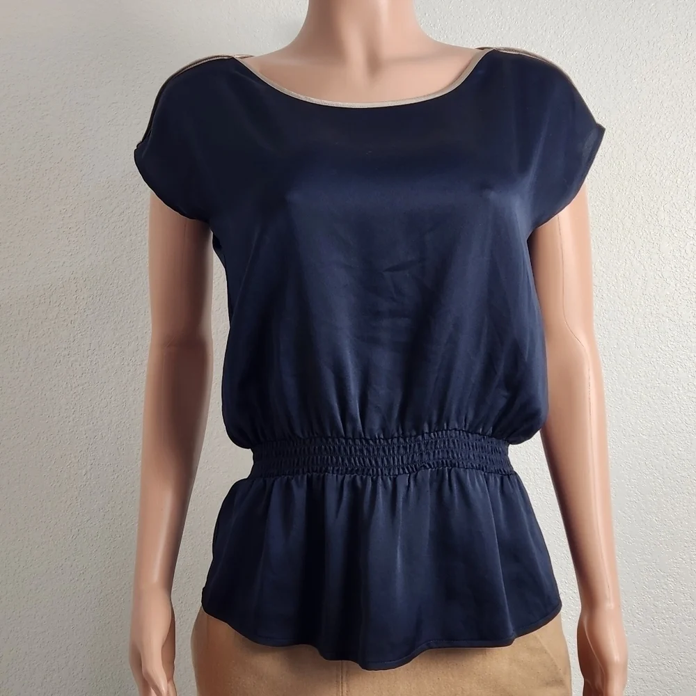 𝅺ANN Taylor Navy Blue Silky Ruched Waist Blouse Size: XS
